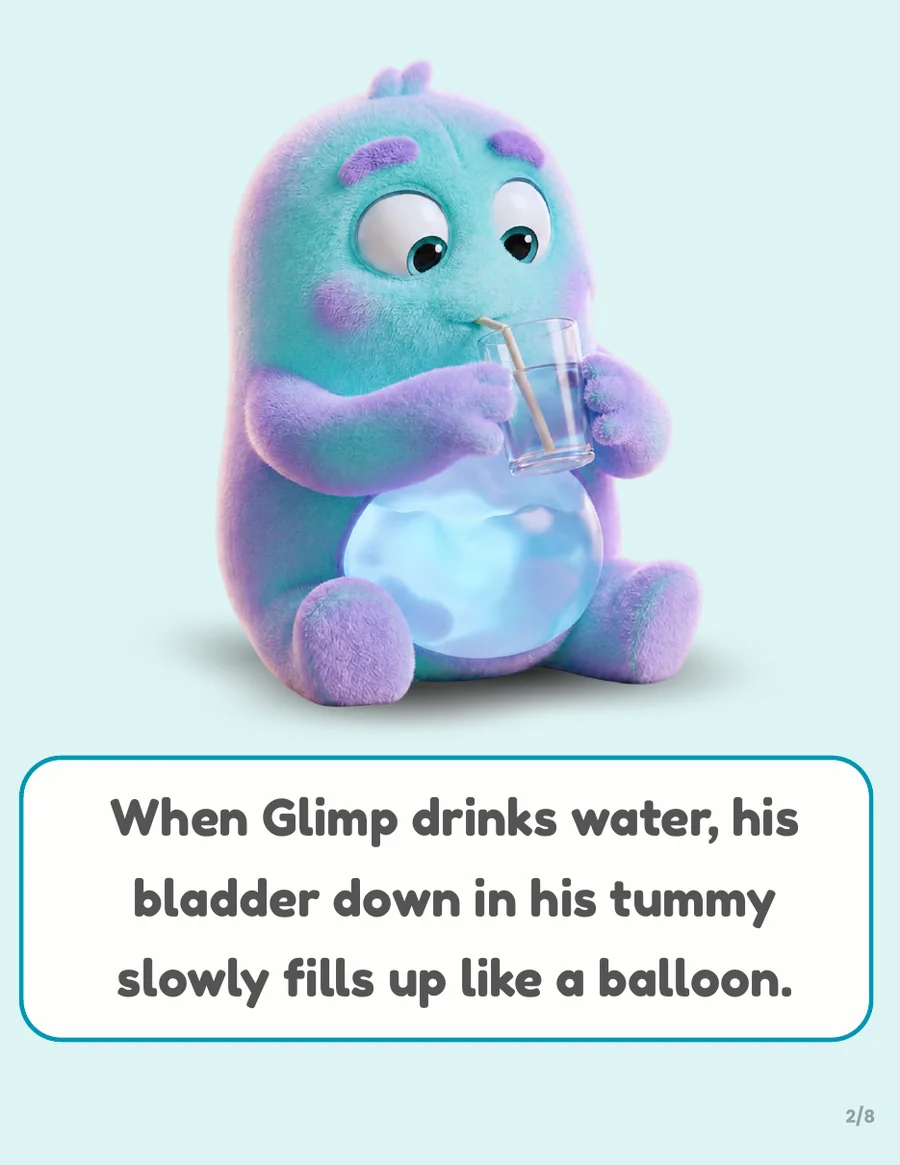 Inside page showing Glimp drinking water and noticing his bladder fill