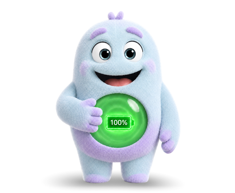 Glimp standing with a fully charged body battery and a soft shadow